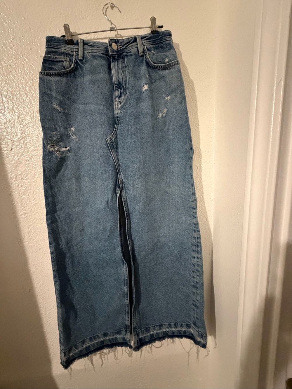 Zara Women’s Distressed Blue Denim Maxi Skirt
